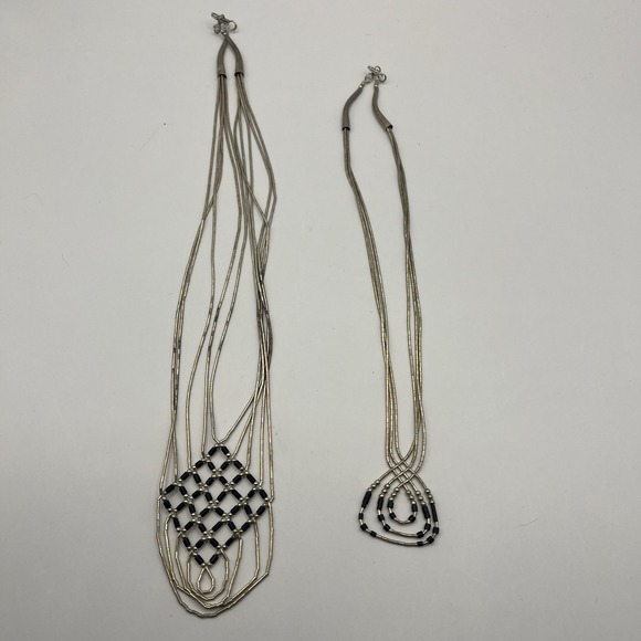 Pair Strand Liquid Silver Bib Necklaces Stamp Sterling Black Beads (Onyx?) 21g - Picture 9 of 16